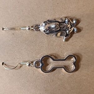 Handmade Dog Earrings Basset Hound Puppy Bone Silver Tone Dangle Drop Jewelry‎